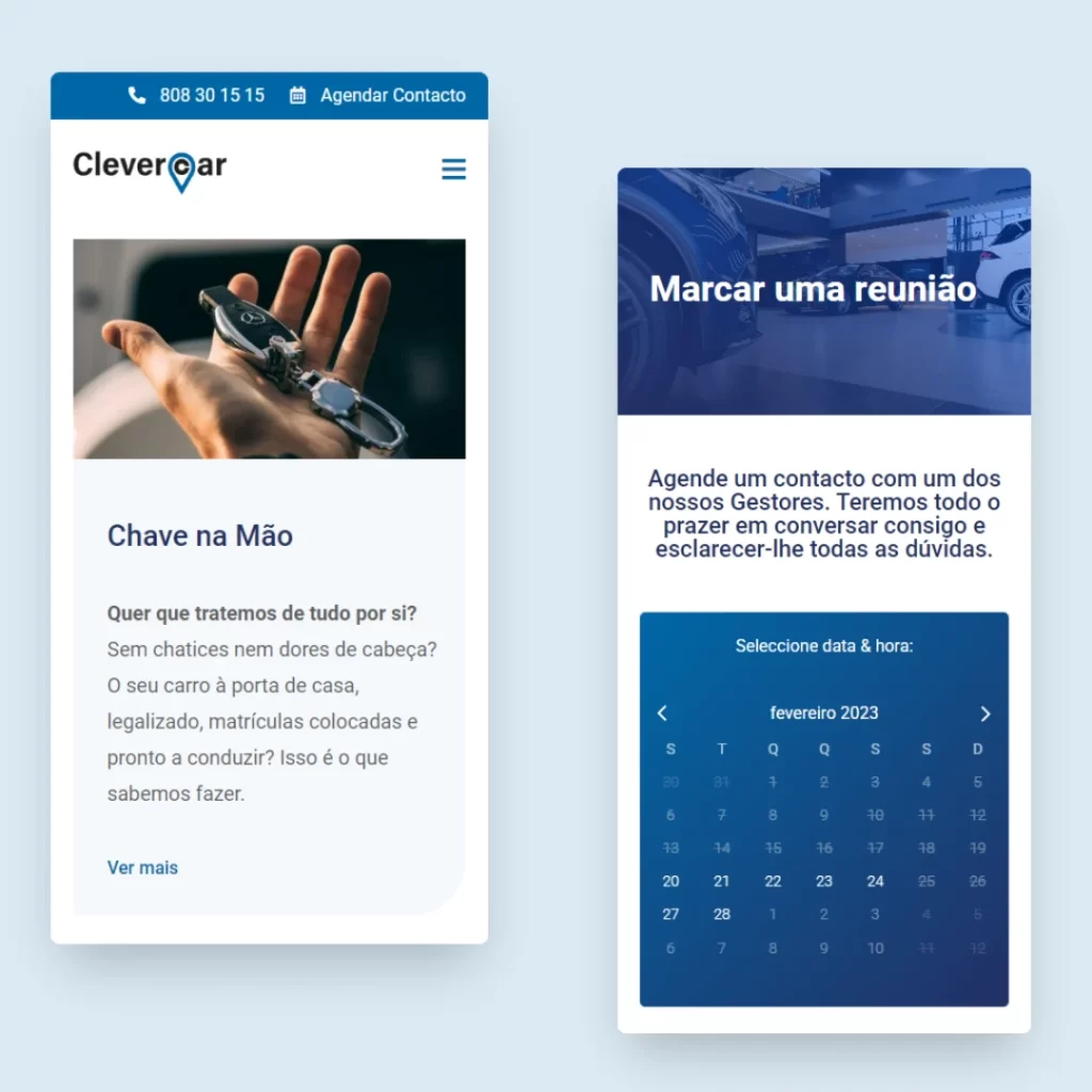 Ecrãs de telemóvel e marcação de sessão - Clevercar