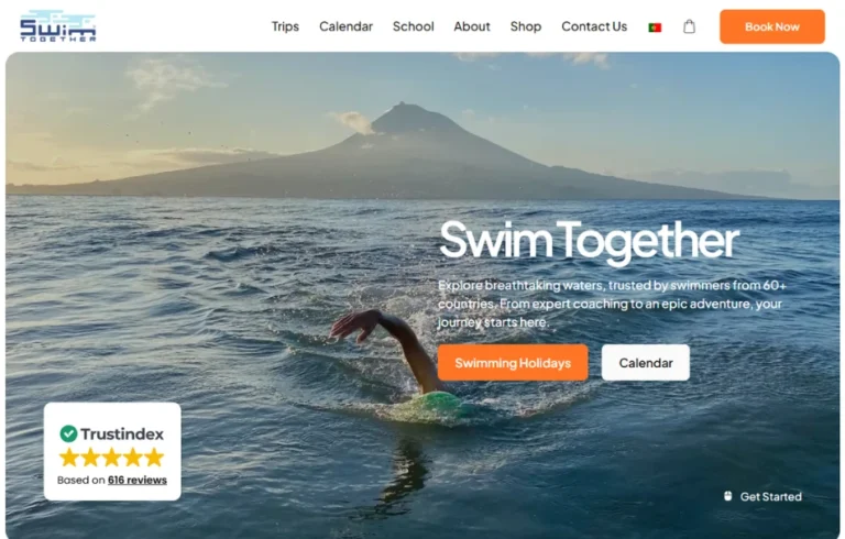 Homepage do site da Swim Together, viagens de natação em águas abertas